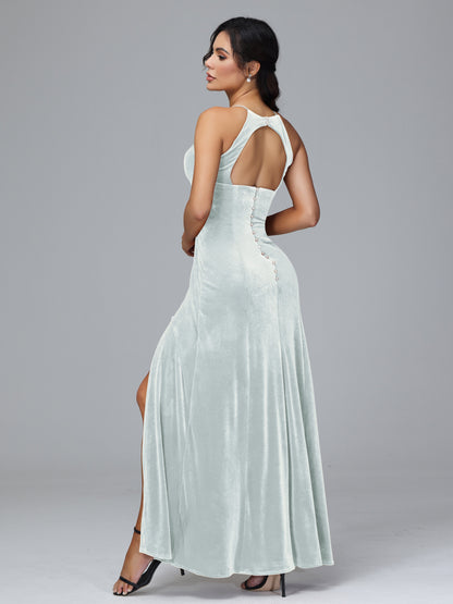Halter Open Back Velvet Bridesmaid Dress