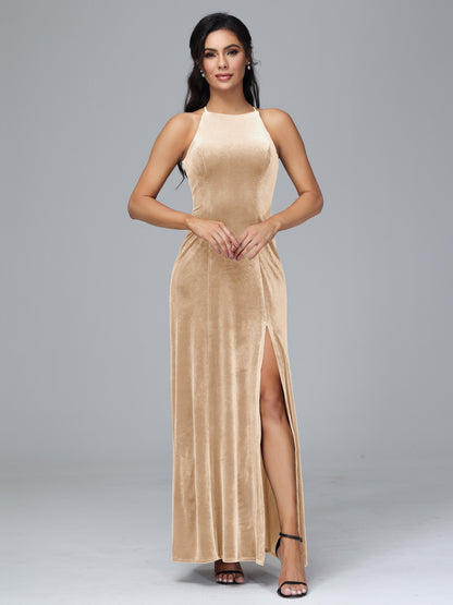 Halter Open Back Velvet Bridesmaid Dress
