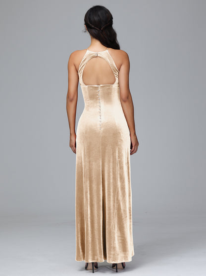 Halter Open Back Velvet Bridesmaid Dress