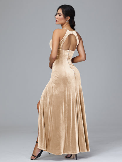 Halter Open Back Velvet Bridesmaid Dress