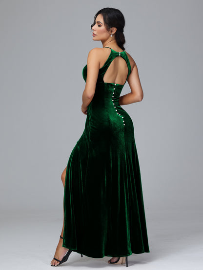 Halter Open Back Velvet Bridesmaid Dress