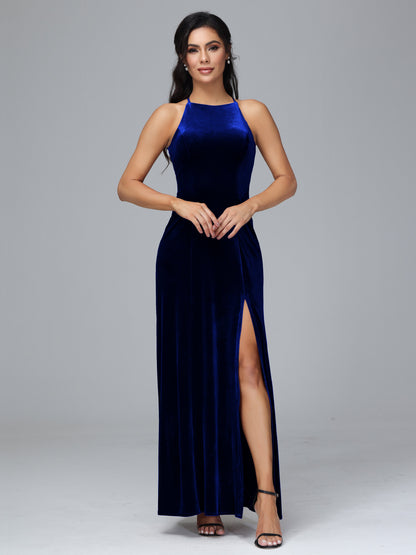 Halter Open Back Velvet Bridesmaid Dress