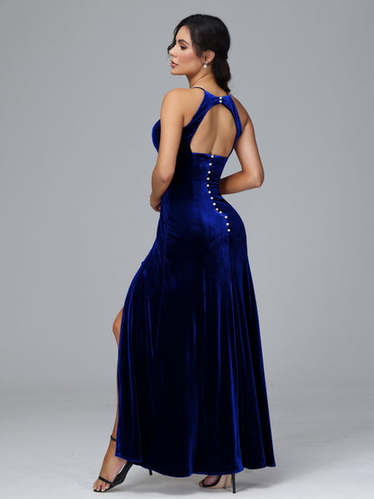 Halter Open Back Velvet Bridesmaid Dress
