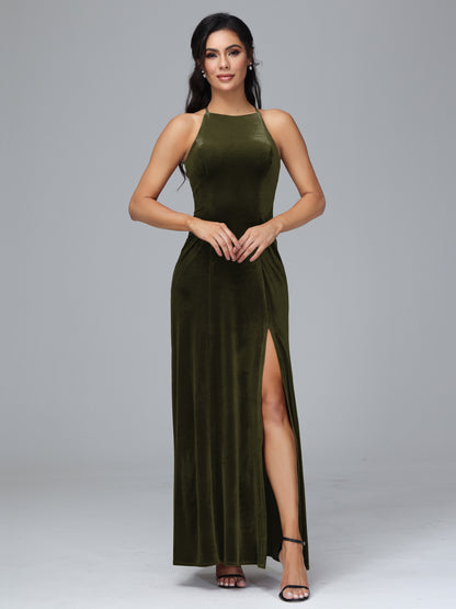 Halter Open Back Velvet Bridesmaid Dress