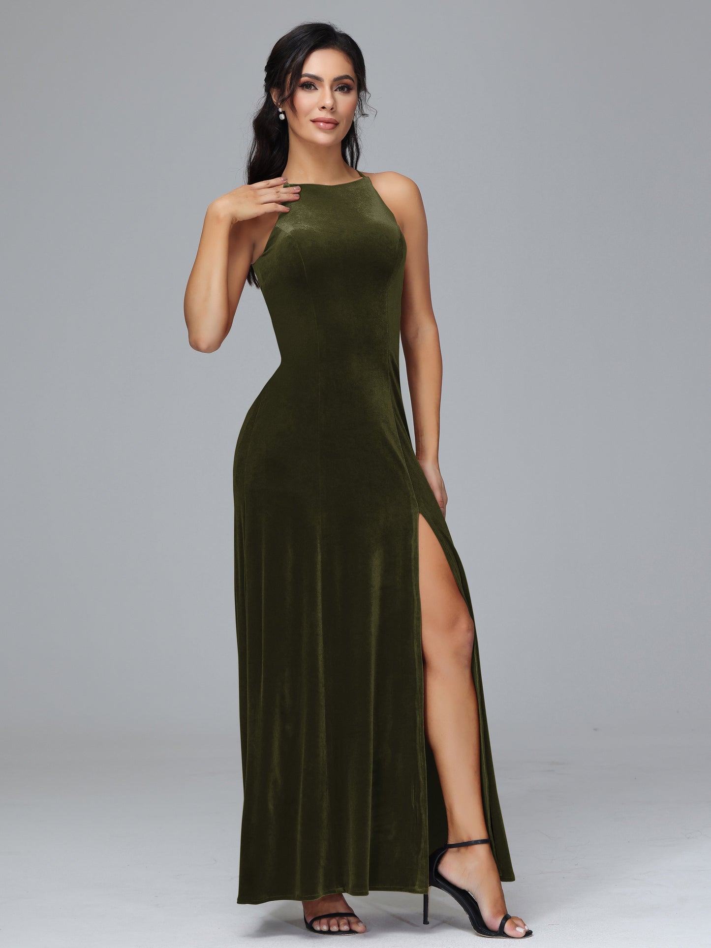 Halter Open Back Velvet Bridesmaid Dress