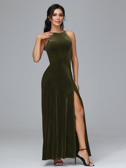 Halter Open Back Velvet Bridesmaid Dress