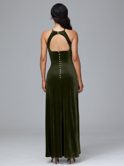 Halter Open Back Velvet Bridesmaid Dress