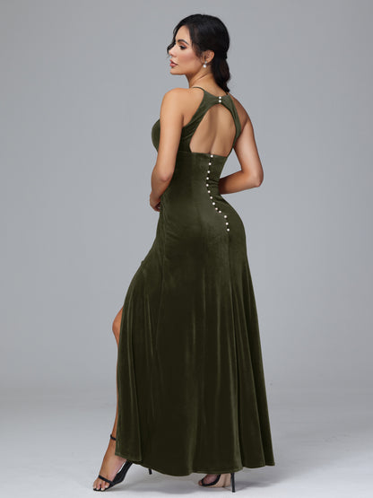 Halter Open Back Velvet Bridesmaid Dress
