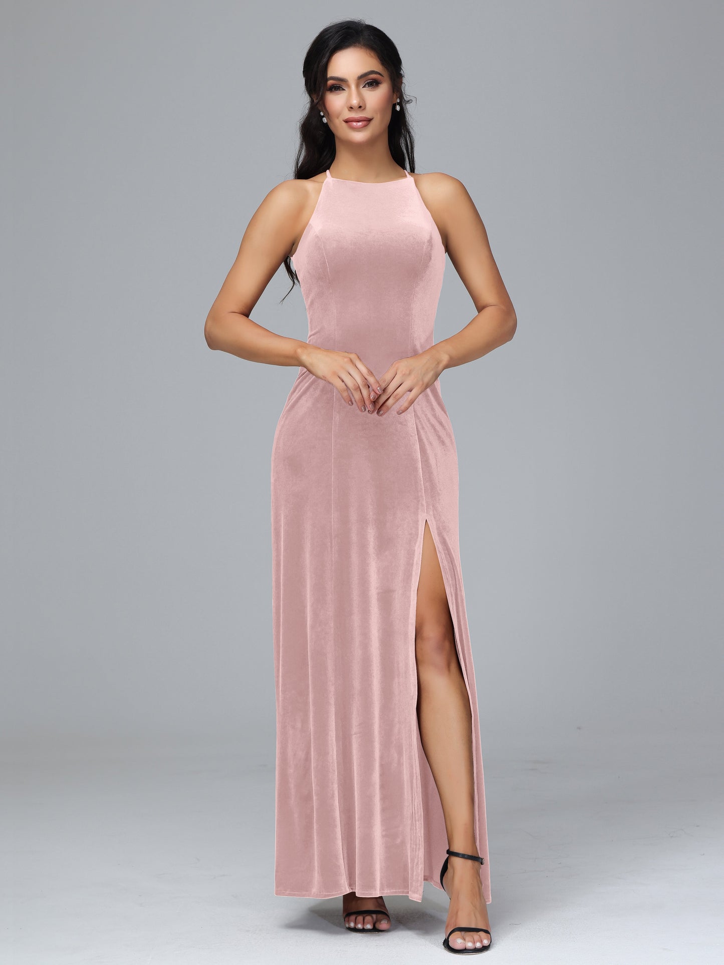Halter Open Back Velvet Bridesmaid Dress