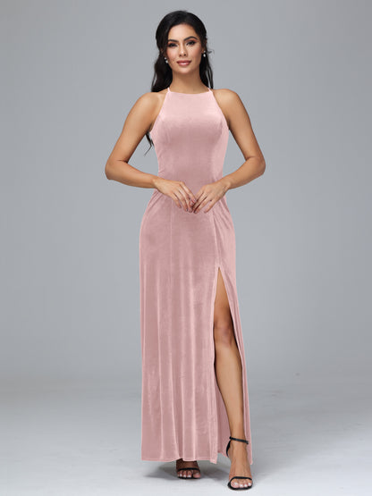 Halter Open Back Velvet Bridesmaid Dress