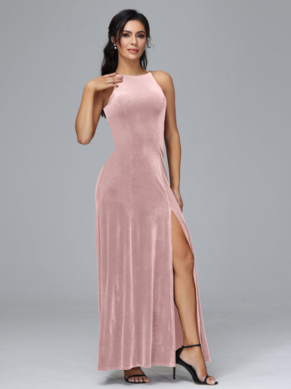 Halter Open Back Velvet Bridesmaid Dress