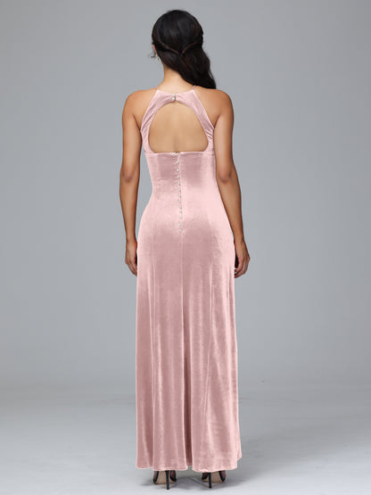 Halter Open Back Velvet Bridesmaid Dress
