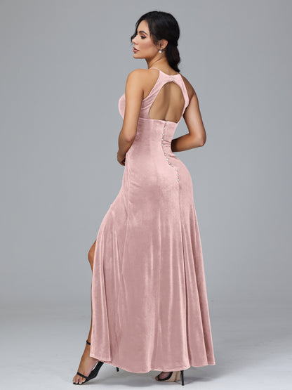 Halter Open Back Velvet Bridesmaid Dress