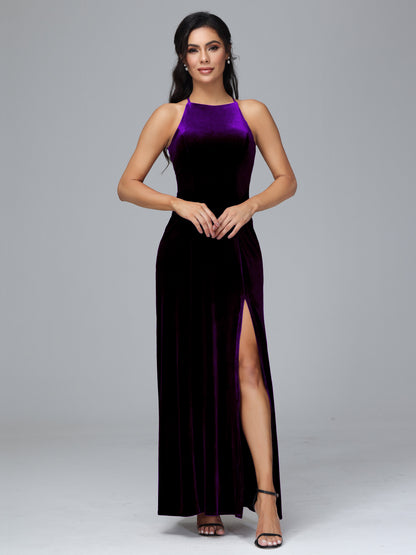 Halter Open Back Velvet Bridesmaid Dress