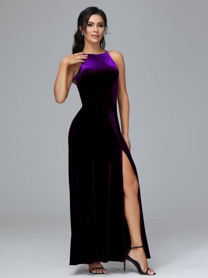 Halter Open Back Velvet Bridesmaid Dress
