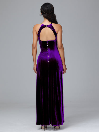 Halter Open Back Velvet Bridesmaid Dress