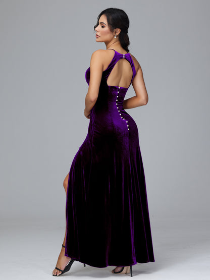 Halter Open Back Velvet Bridesmaid Dress