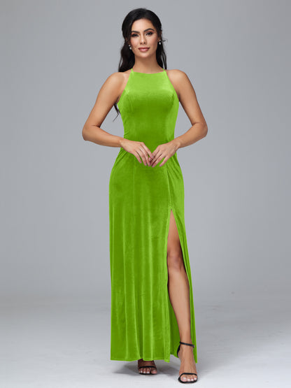 Halter Open Back Velvet Bridesmaid Dress