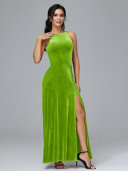 Halter Open Back Velvet Bridesmaid Dress