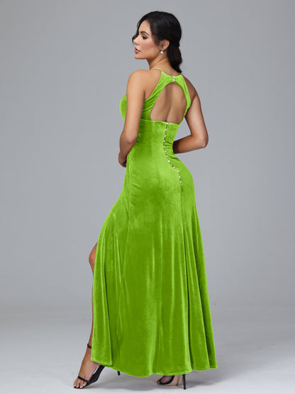 Halter Open Back Velvet Bridesmaid Dress