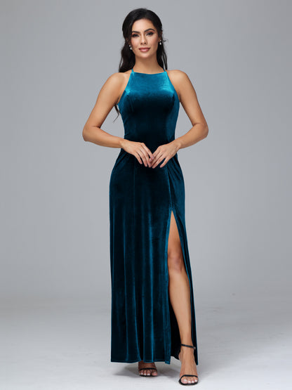 Halter Open Back Velvet Bridesmaid Dress