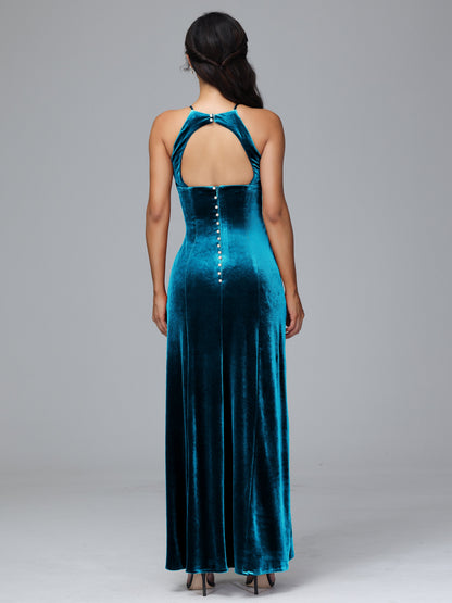 Halter Open Back Velvet Bridesmaid Dress