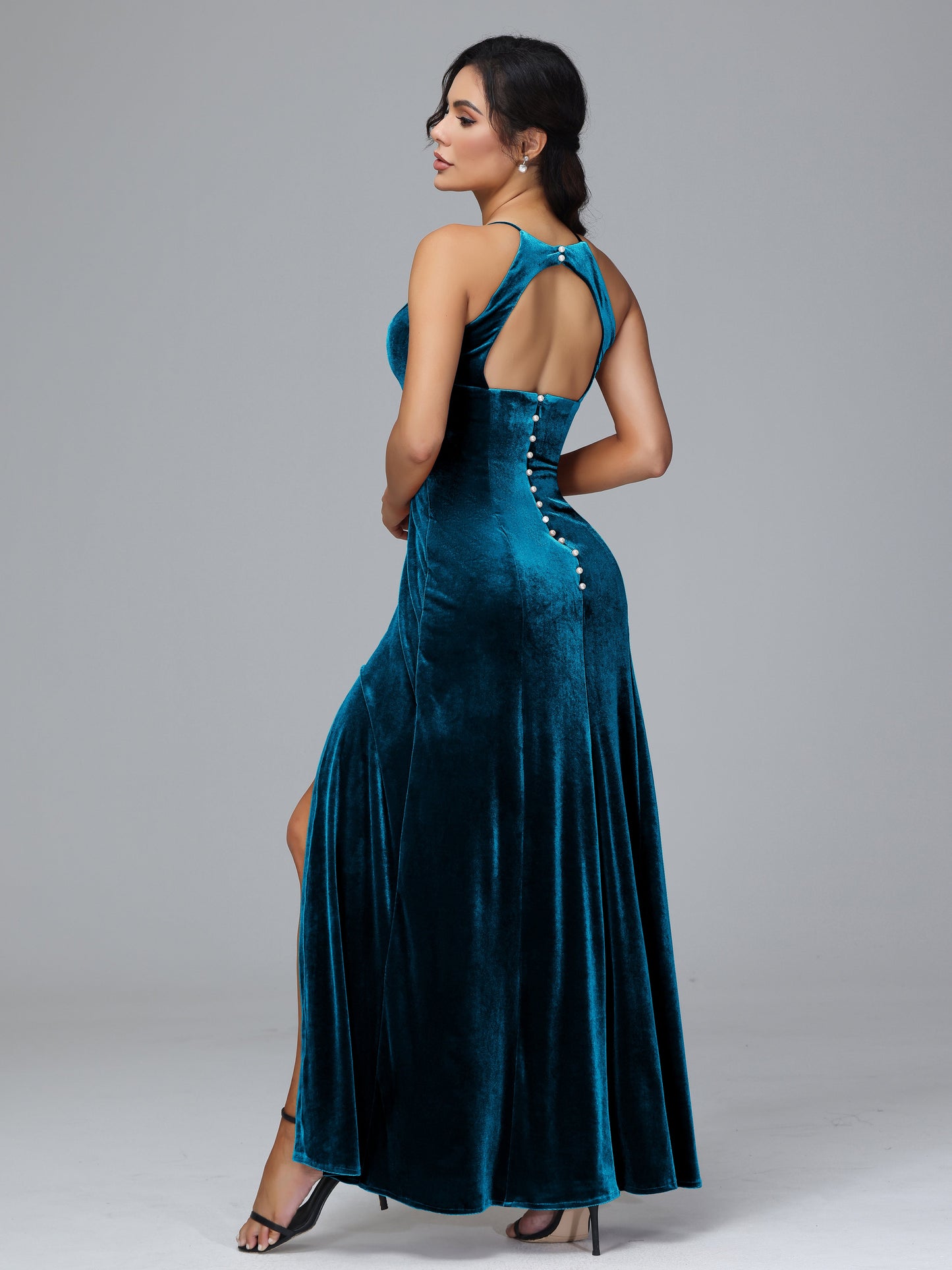 Halter Open Back Velvet Bridesmaid Dress