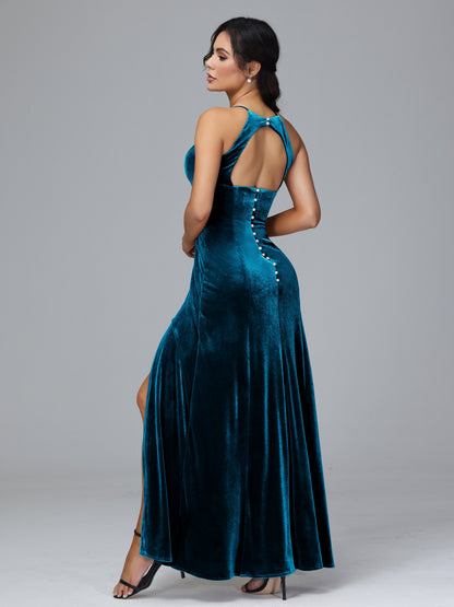 Halter Open Back Velvet Bridesmaid Dress