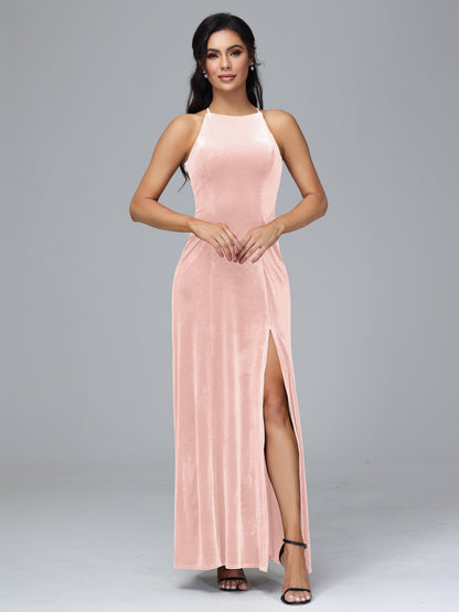 Halter Open Back Velvet Bridesmaid Dress