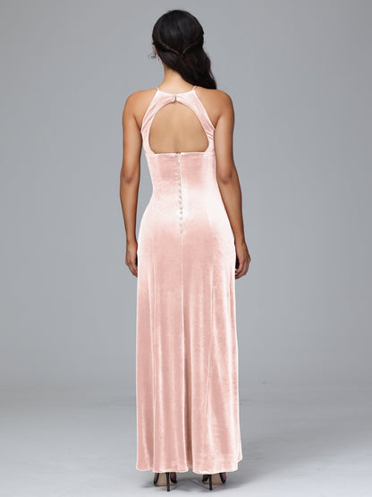 Halter Open Back Velvet Bridesmaid Dress