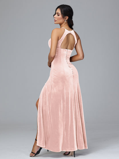 Halter Open Back Velvet Bridesmaid Dress
