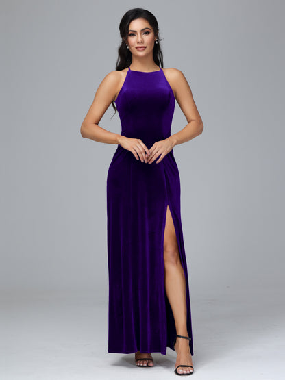 Halter Open Back Velvet Bridesmaid Dress