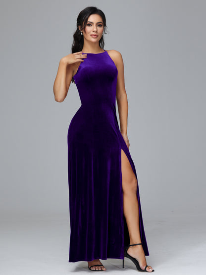 Halter Open Back Velvet Bridesmaid Dress