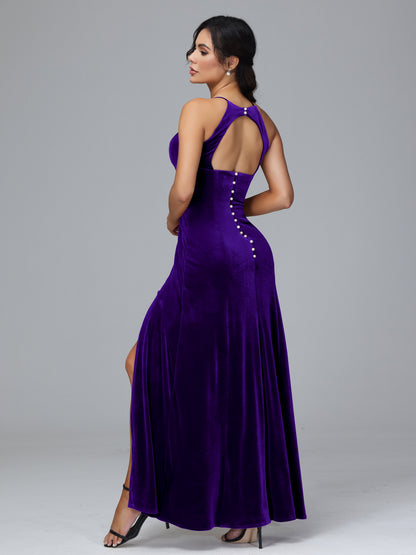 Halter Open Back Velvet Bridesmaid Dress