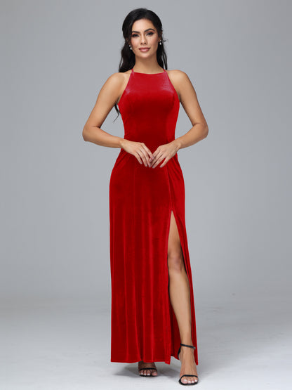 Halter Open Back Velvet Bridesmaid Dress