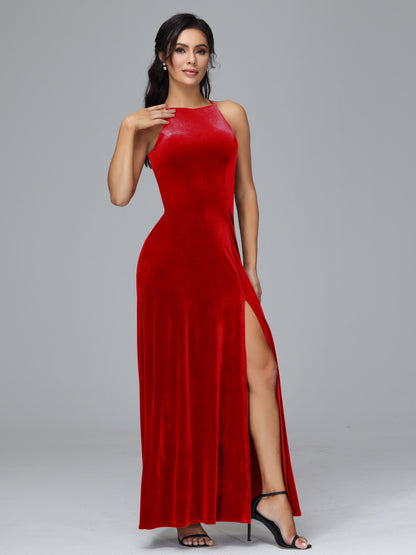 Halter Open Back Velvet Bridesmaid Dress