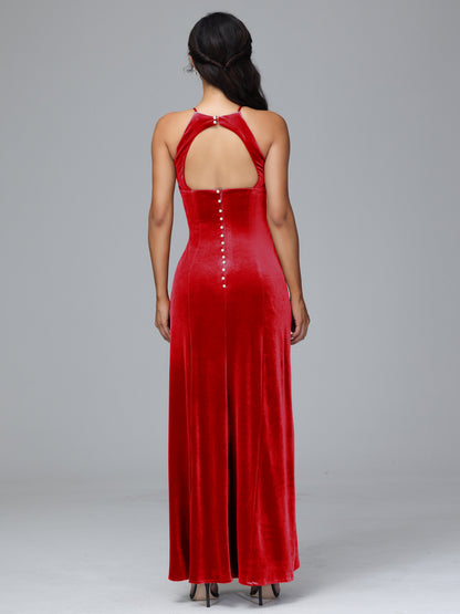Halter Open Back Velvet Bridesmaid Dress