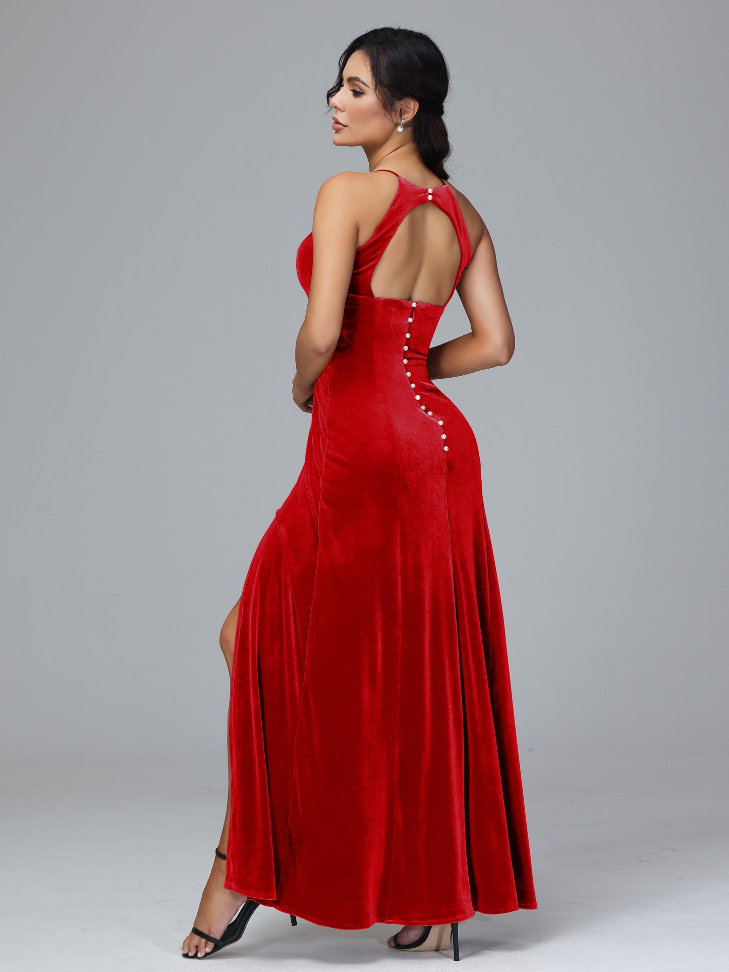 Halter Open Back Velvet Bridesmaid Dress