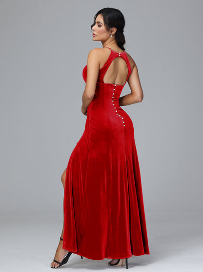 Halter Open Back Velvet Bridesmaid Dress