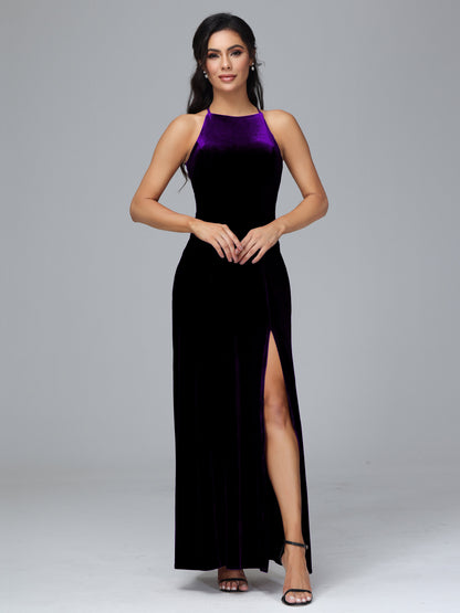 Halter Open Back Velvet Bridesmaid Dress