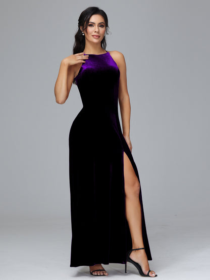 Halter Open Back Velvet Bridesmaid Dress