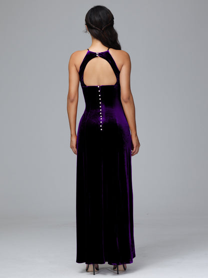 Halter Open Back Velvet Bridesmaid Dress