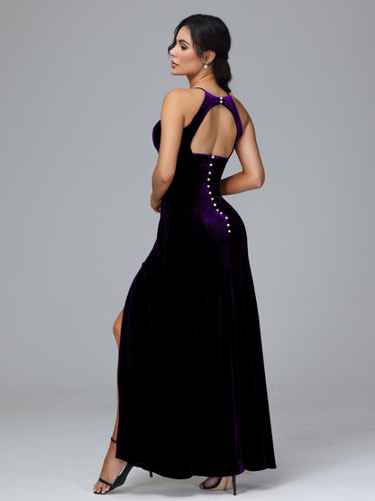 Halter Open Back Velvet Bridesmaid Dress