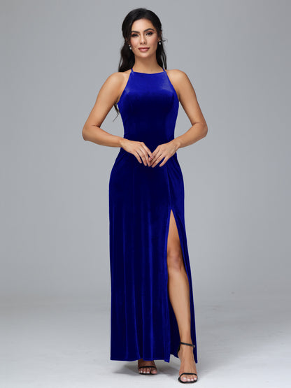 Halter Open Back Velvet Bridesmaid Dress