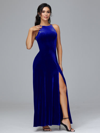 Halter Open Back Velvet Bridesmaid Dress