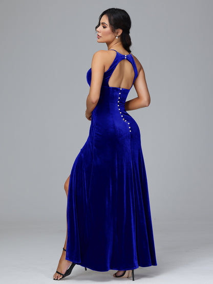 Halter Open Back Velvet Bridesmaid Dress