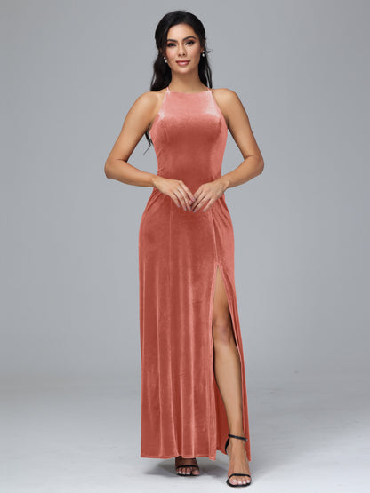 Halter Open Back Velvet Bridesmaid Dress
