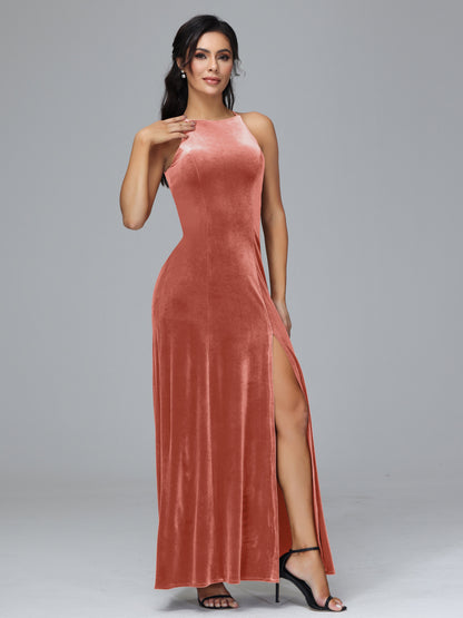 Halter Open Back Velvet Bridesmaid Dress