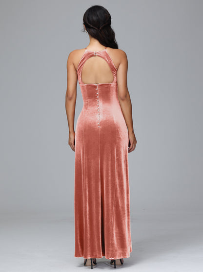 Halter Open Back Velvet Bridesmaid Dress