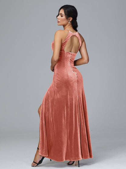 Halter Open Back Velvet Bridesmaid Dress
